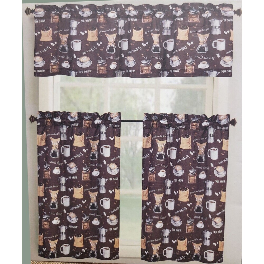 3pc. Kitchen Curtains Set:2 Tiers(26"x36")&Valance(52x18")COFFEE & BEANS,TRIBECA